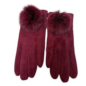 Womens Red Gloves Stretch Faux Suede with Fur Pompoms One Size